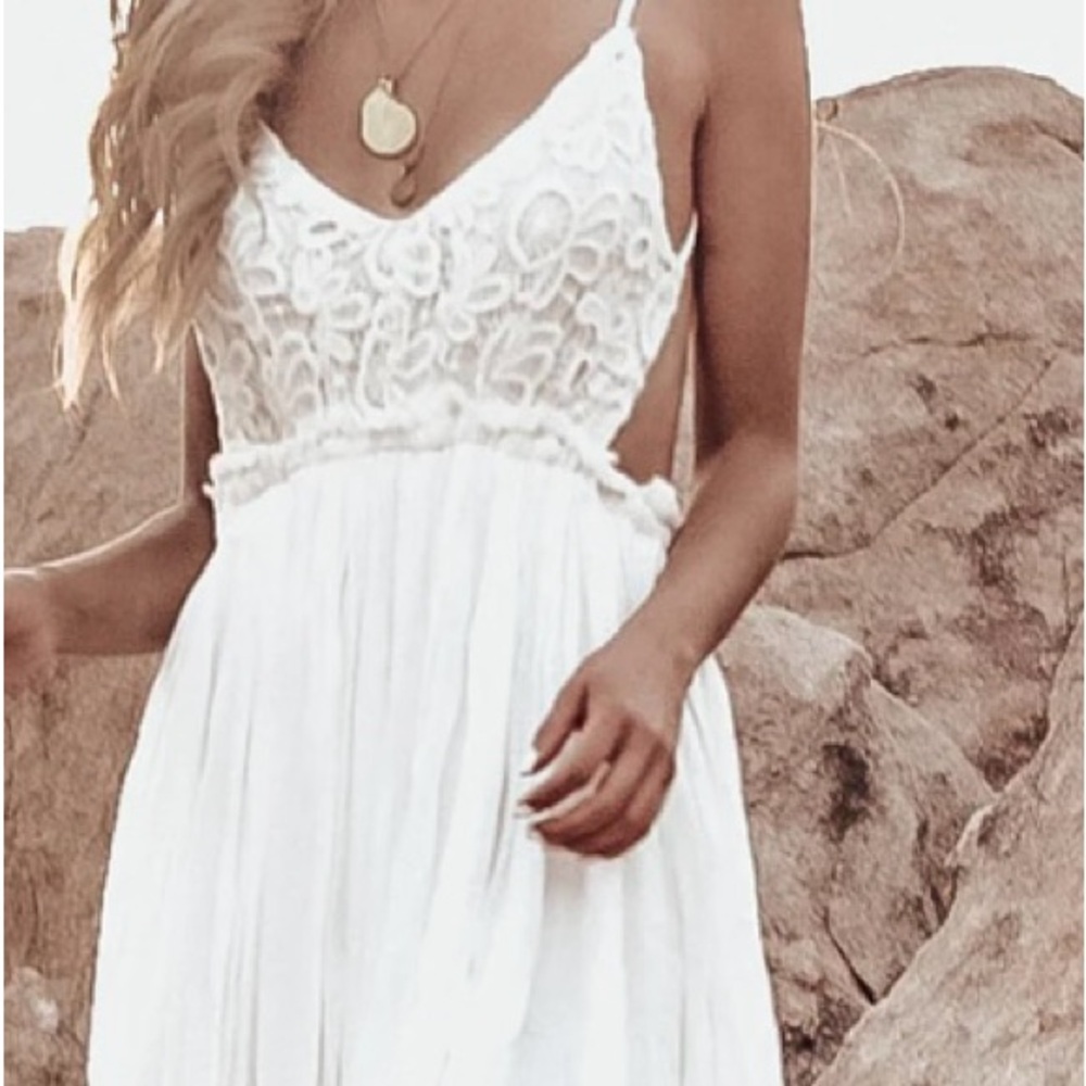 New✨soft white backless boho dress w/ crochet top & adjustable straps• XS